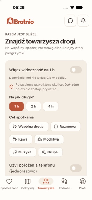 Bratnio app on iPhone: Companions screen with timed visibility and a list of people nearby