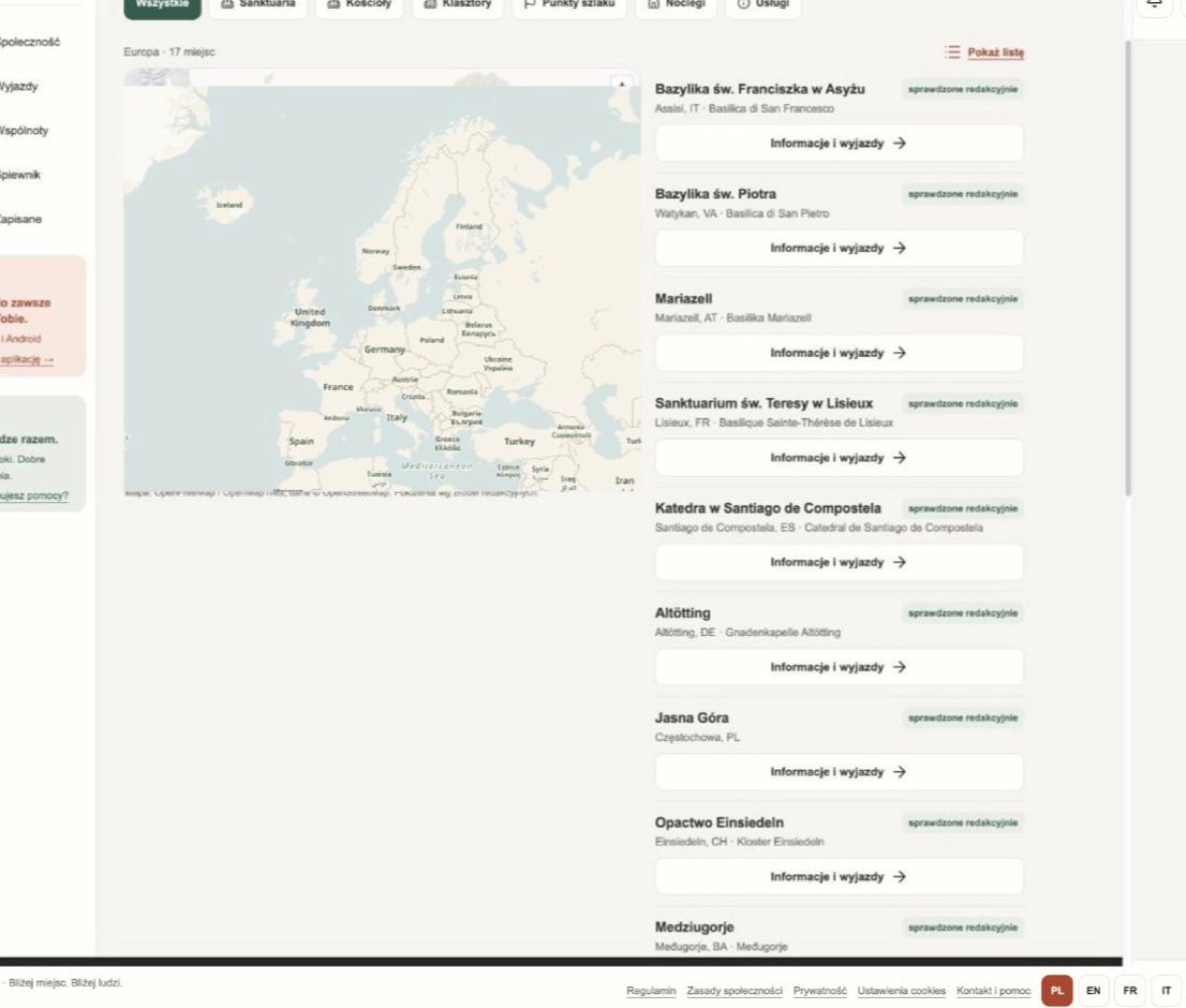 Bratnio portal: map of Europe with pilgrimage places, filters and a list of places