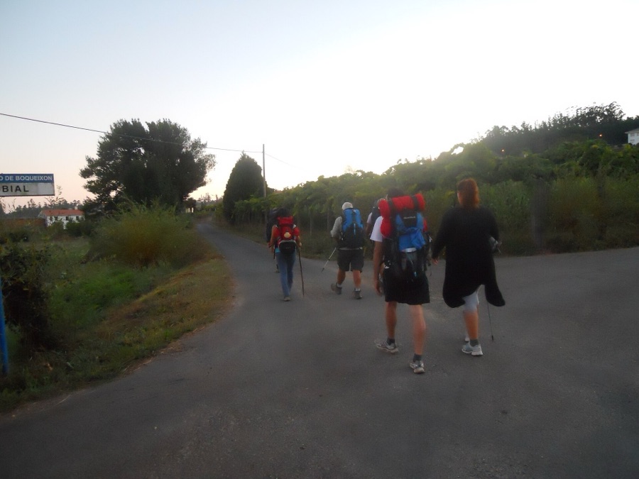 A group of pilgrims with backpacks walks along a road at dawn